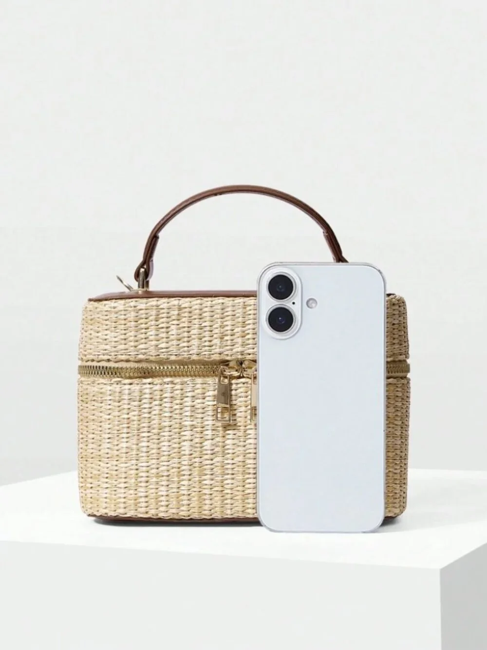 Tan Woven Straw Box Bag with Brown Trim Top Handle